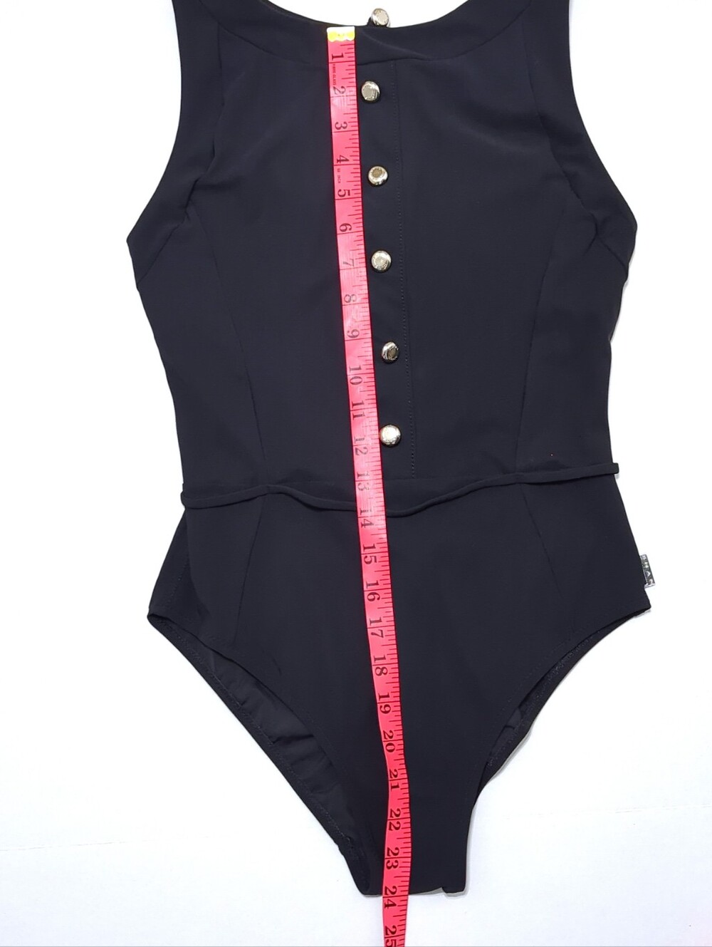 SHAN Black One Piece Swimsuit Underwire Open Back Logo Buttons Size 10 - Picture 14 of 14